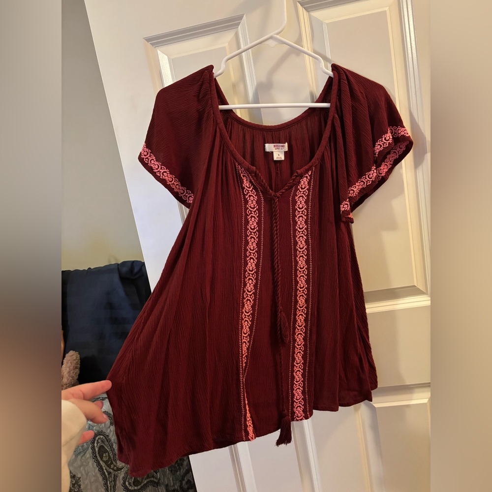 Burgundy Flowy Blouse with Embroidery Size S
